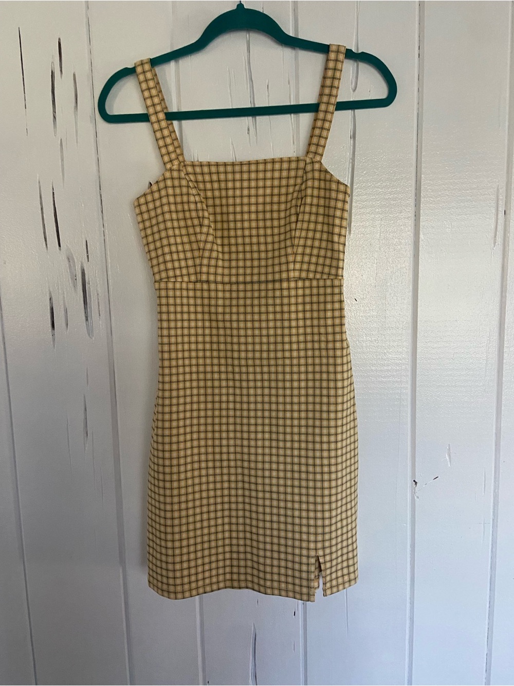 Hollister Yellow Checked Square-Neck Mini Dress with Slit